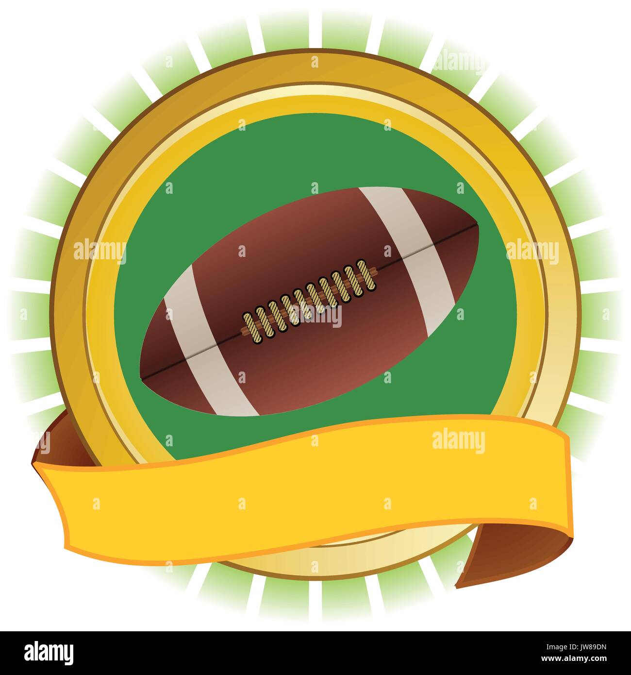 American Football Rugby Ball und runde gelbe und grüne Schild mit leeren Banner Stock Vektor
