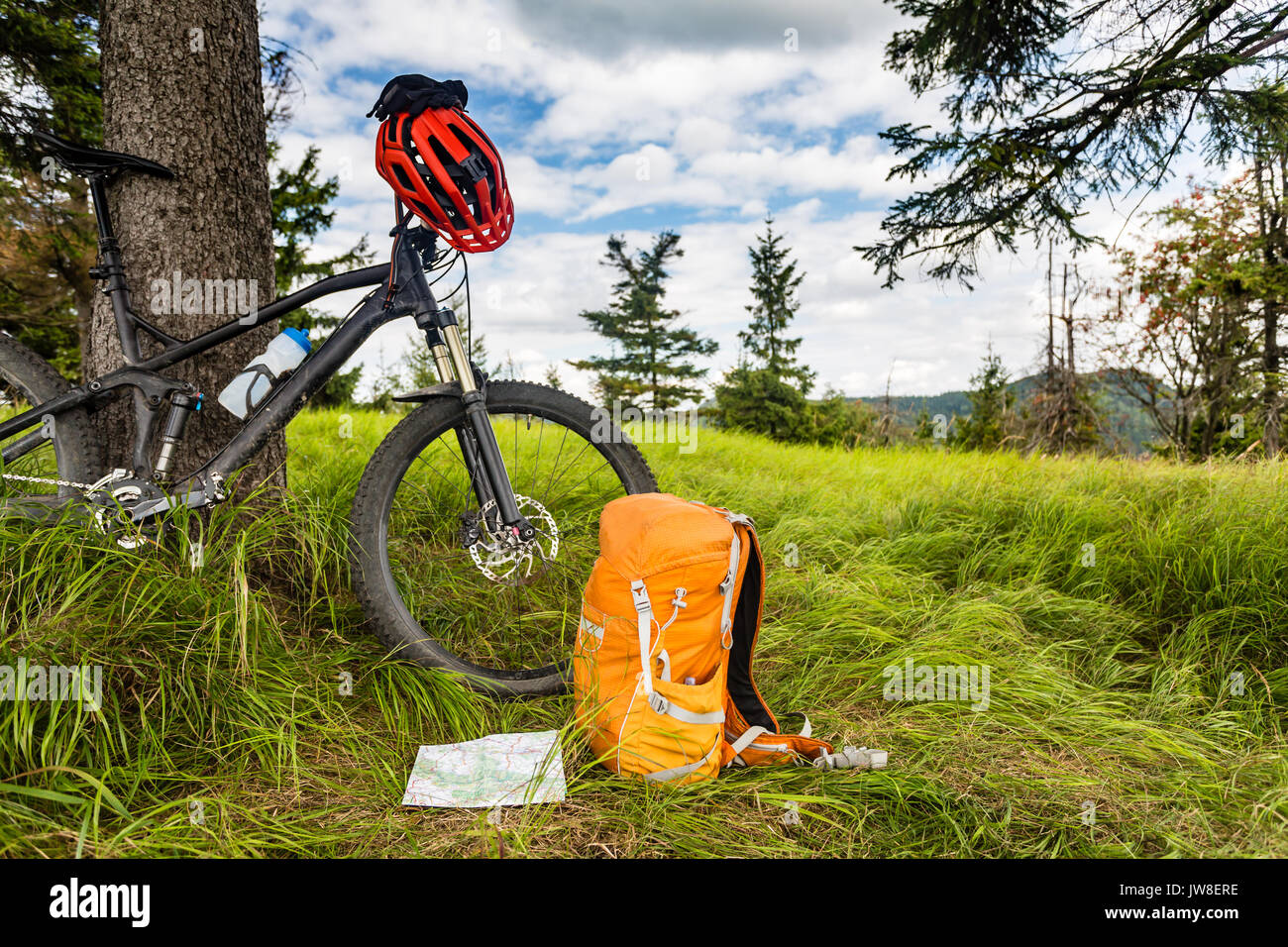 Mountain Bike in den Wald, bikepacking Abenteuer Reise in die grünen Berge. Reisen Campingplatz und MTB Fahrrad mit Rucksack, Wüste Fores Stockfoto