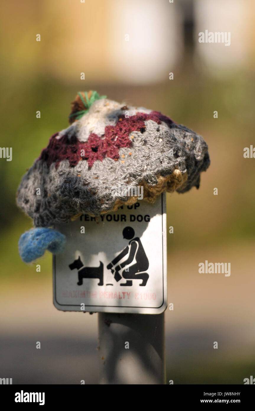 Ein Zeichen für die Verschmutzung Hunde und Hundebesitzer bis zu Hundehaufen mit einem wolligen Hut oder Mütze auf dem top sauber. Stockfoto