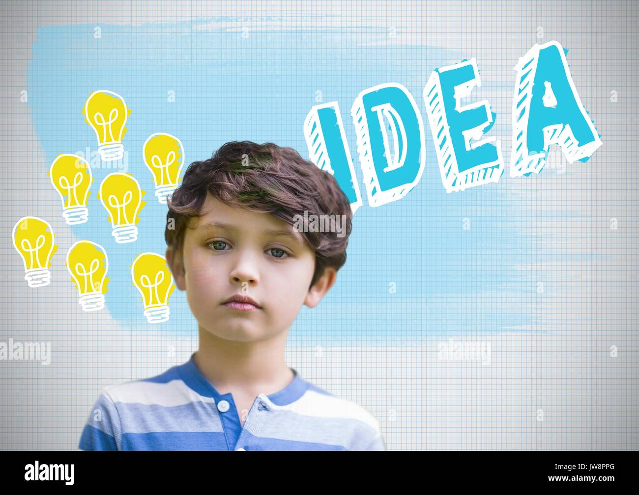 Digital composite von Jungen vor der bunten Idee und Glühbirne Grafik Stockfoto