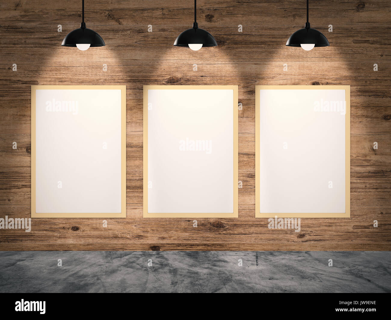 Drei leere Frames hängen mit hölzernen Wand Stockfoto