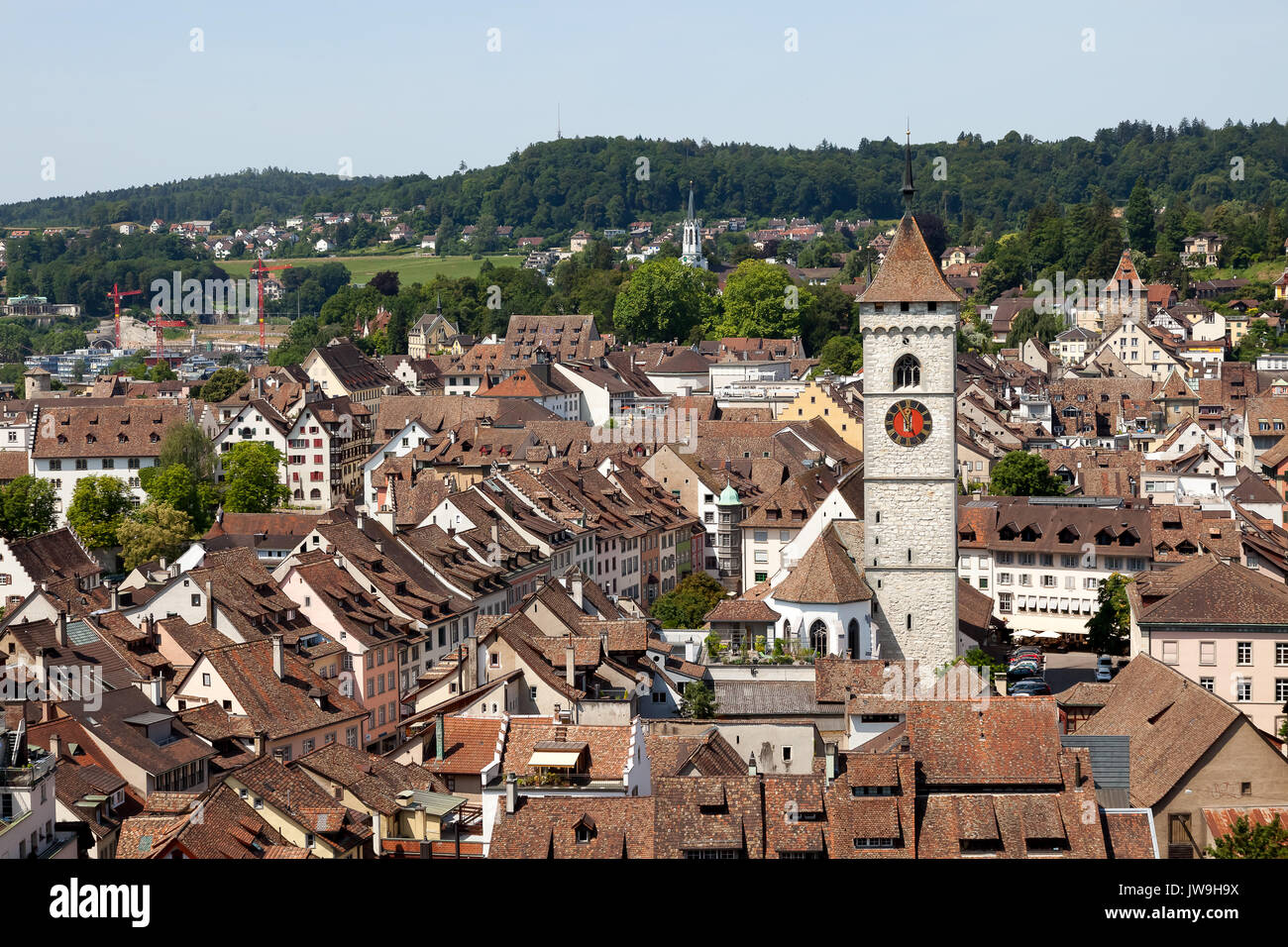 Blick über die mittelalterliche Altstadt von Schaffhausen aus der Festung Munot. Die Schweiz. Stockfoto