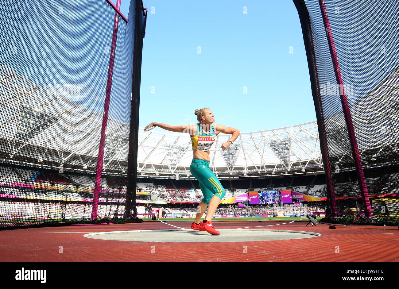Australiens Taryn Gollshewsky konkurriert im Diskuswerfen der Frauen Qualifizieren während der Tag acht der Leichtathletik-WM 2017 auf der Londoner Stadion Stockfoto
