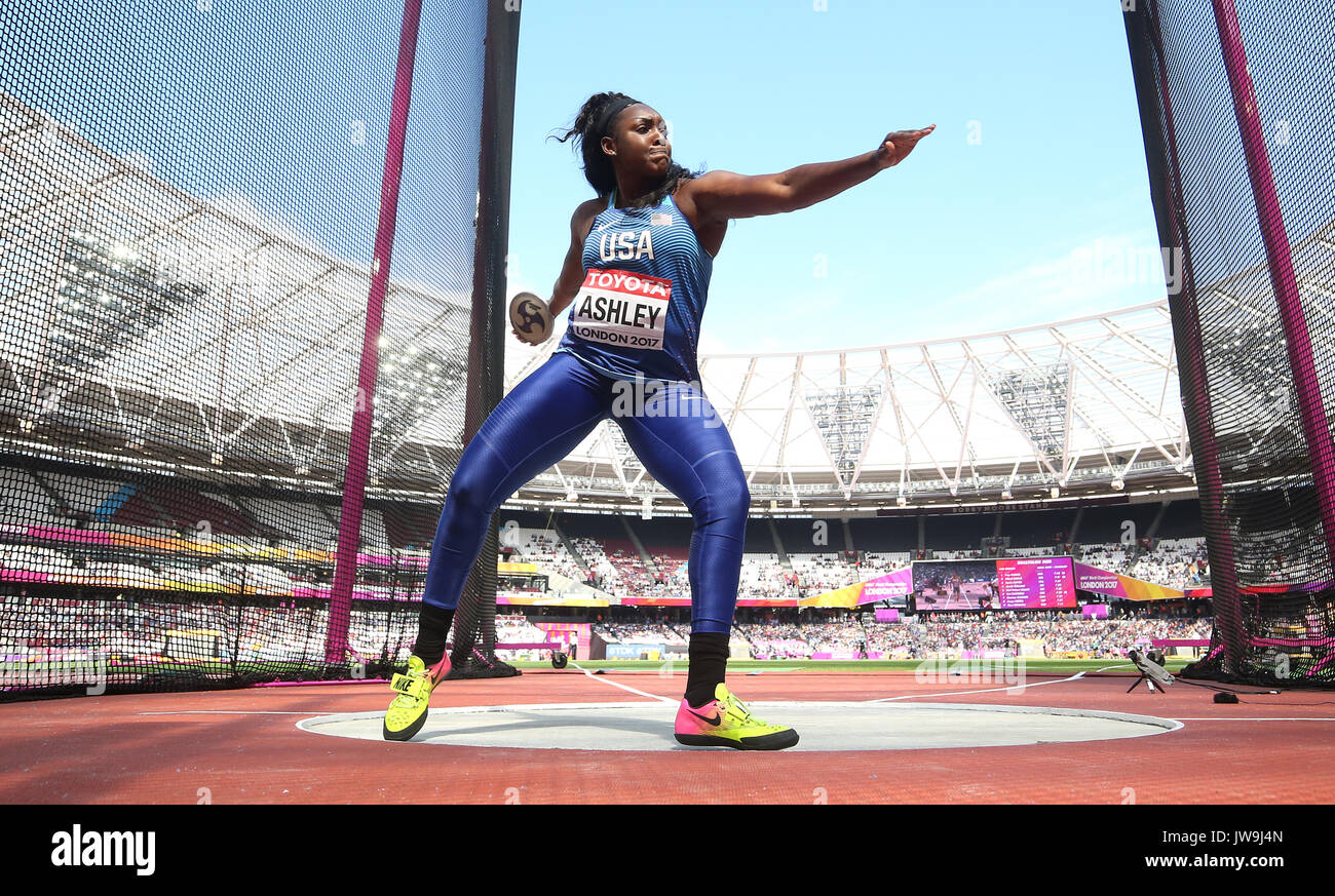 Die USA Whitney Ashley konkurriert im Diskuswerfen der Frauen Qualifizieren während der Tag acht der Leichtathletik-WM 2017 auf der Londoner Stadion Stockfoto