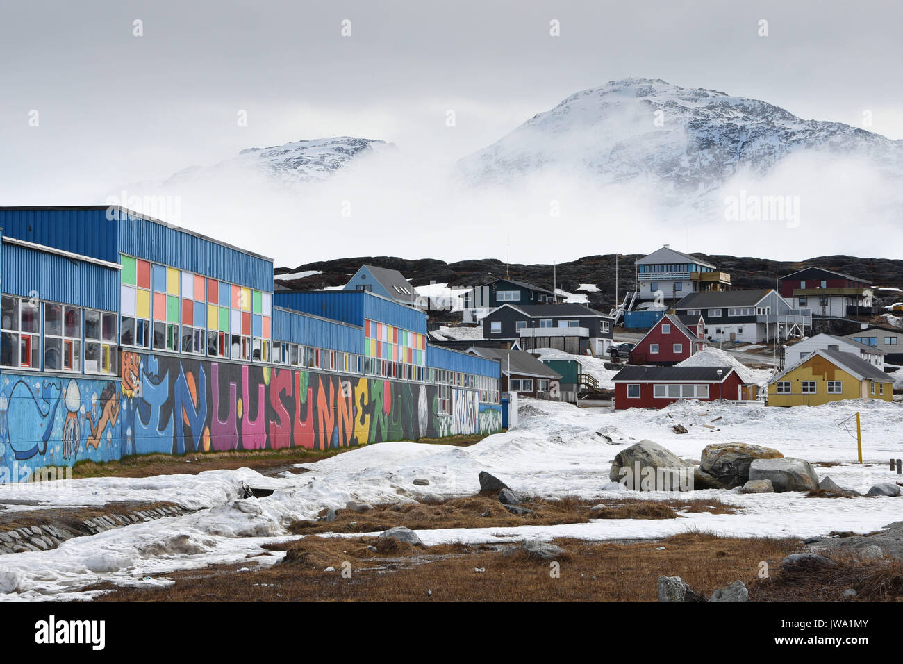 Graffiti auf Schule in Nuuk, die Hauptstadt Grönlands Stockfoto