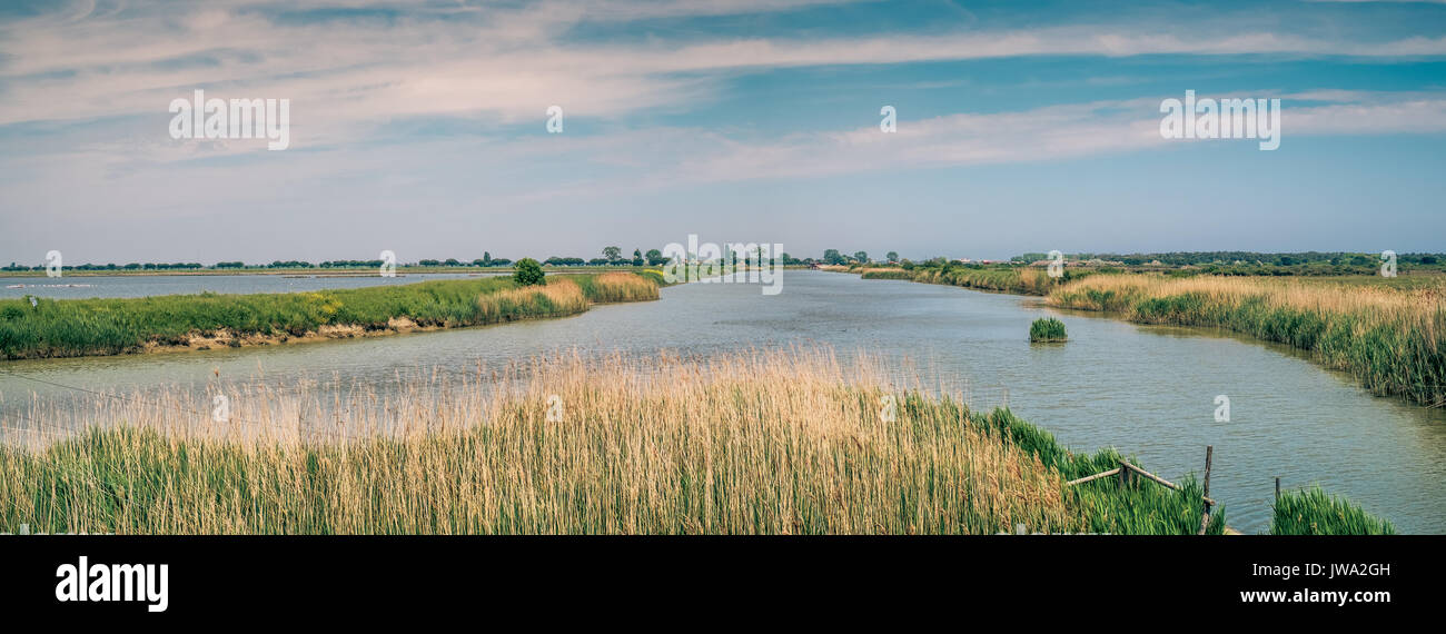 Panoramablick in den Regionalen Park Der Fluss Po Delta. Ravenna Provinz, Emilia Romagna, Italien. Stockfoto