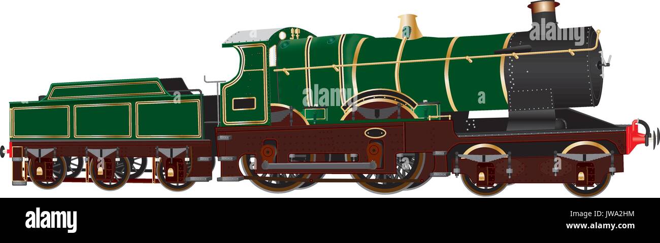 Eine detaillierte Darstellung eines Vintage Green Passagier Dampf Tender Lokomotive mit Messing und Kupfer Armaturen isoliert auf weißem Stock Vektor