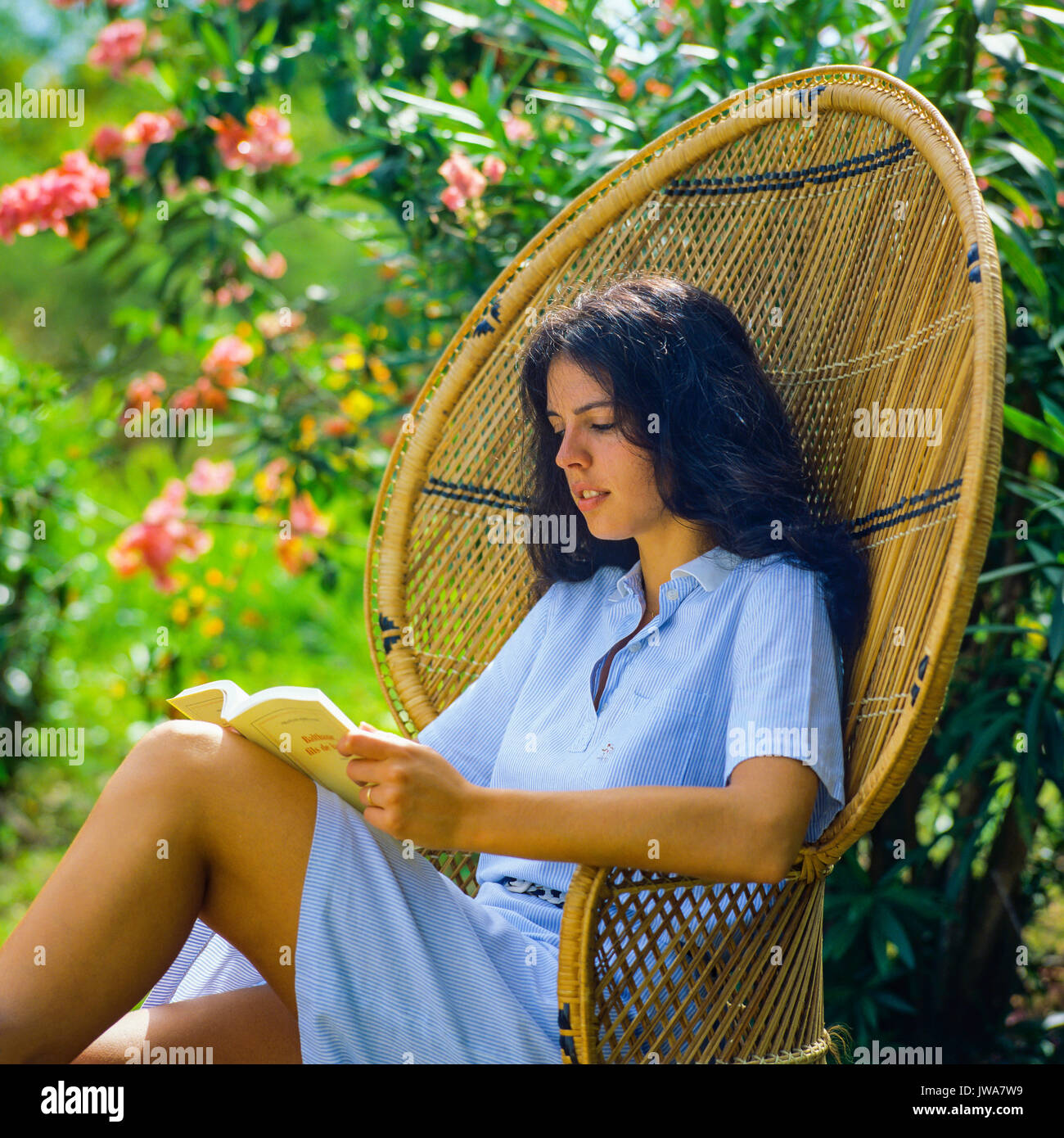 Junge Frau im korbsessel sitzen, ein Buch lesen, einen tropischen Garten, Guadeloupe, Französisch Westindien Stockfoto