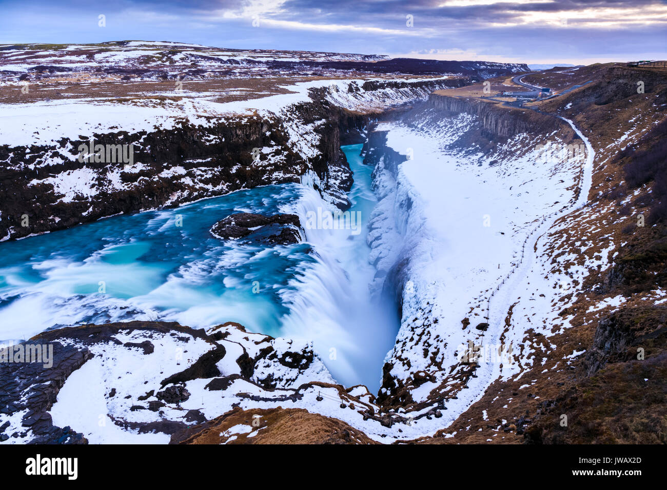 Gullfoss Wasserfall im Winter (Bird's Eye View), Island Stockfoto