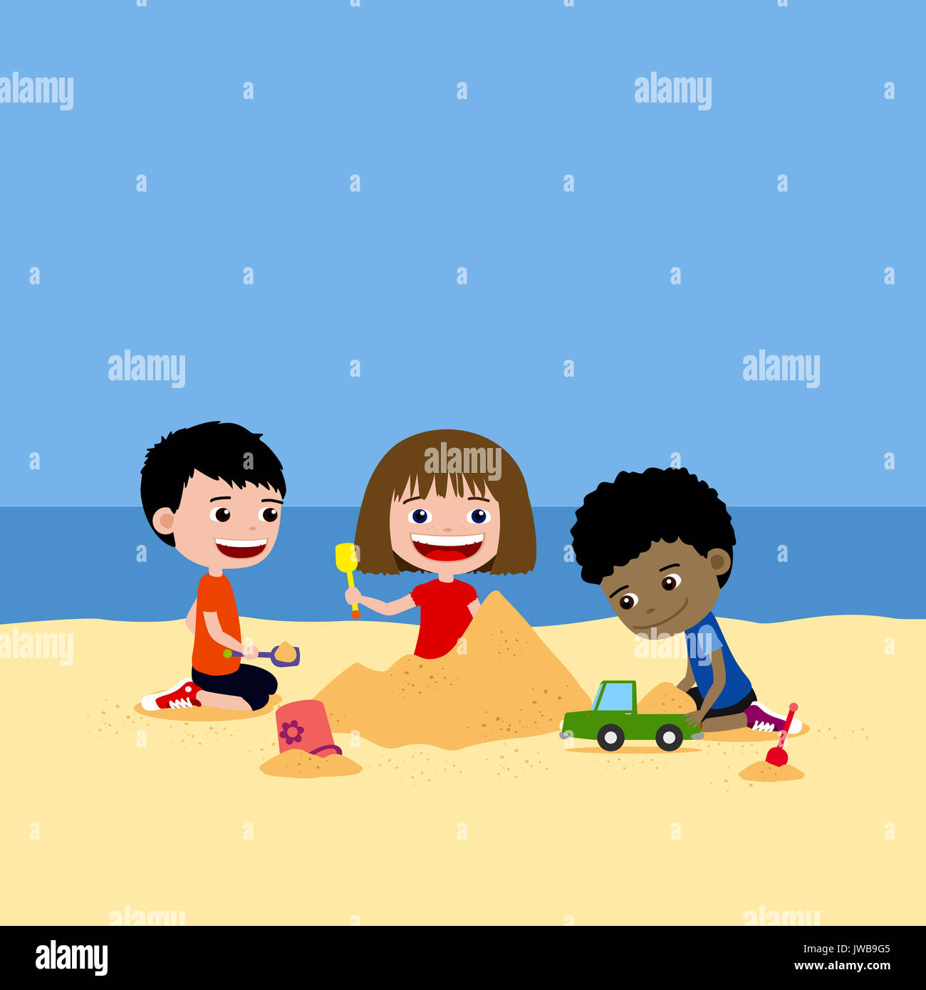 Cartoon Kinder Spielen Im Sand Am Strand Oder In Einem Sandkasten Sandburgen Machen Stockfotografie Alamy