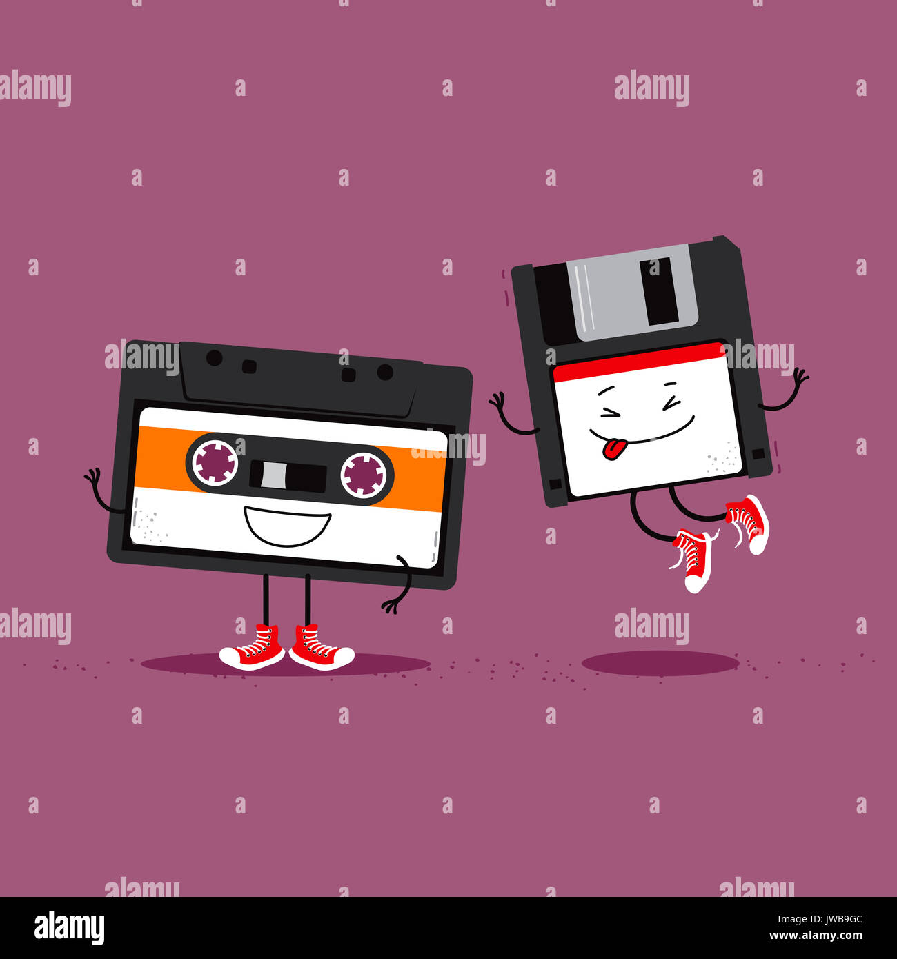 Audio Kassette und Diskette. Lustige Cartoon Illustration über Retro Gadgets von der 80er und 90er Jahre Stockfoto