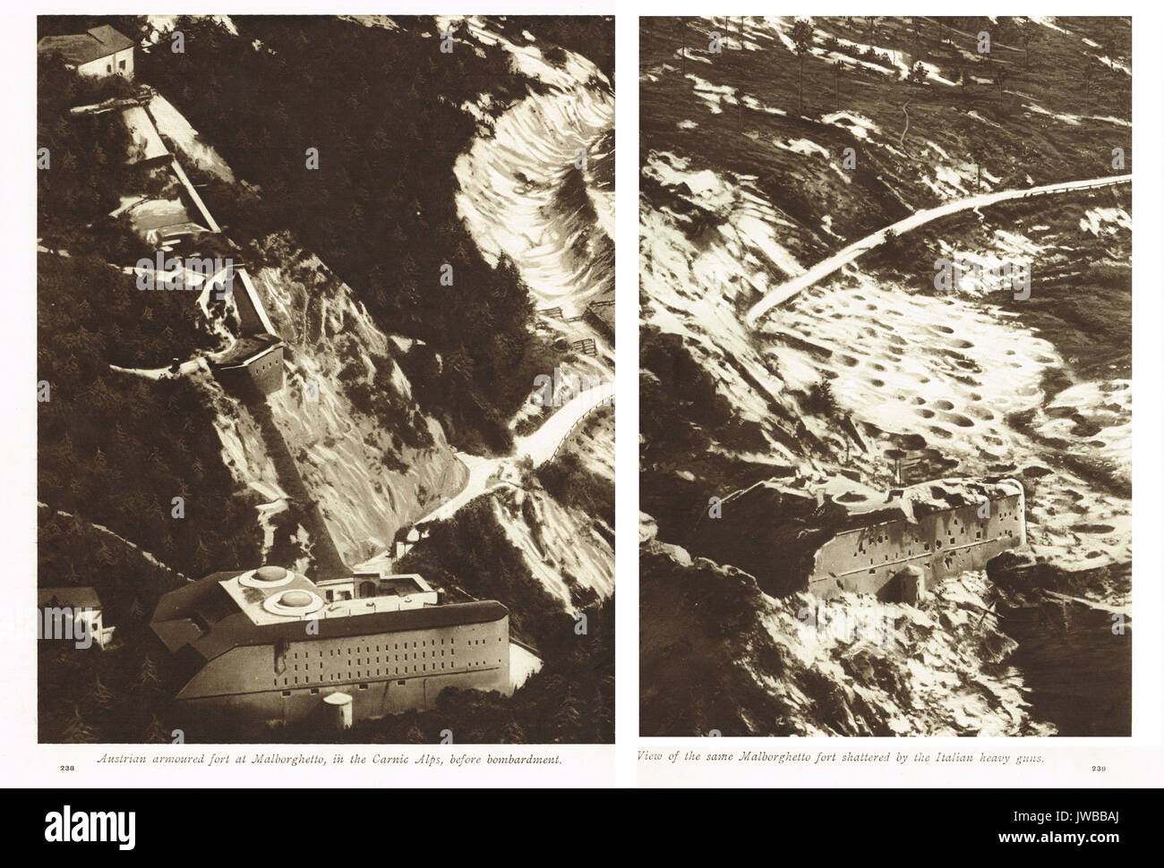 Österreichischen gepanzerten fort Hensel, Malborghetto, Vor/Nach der Italienischen Bombardierung, WK 1. Stockfoto