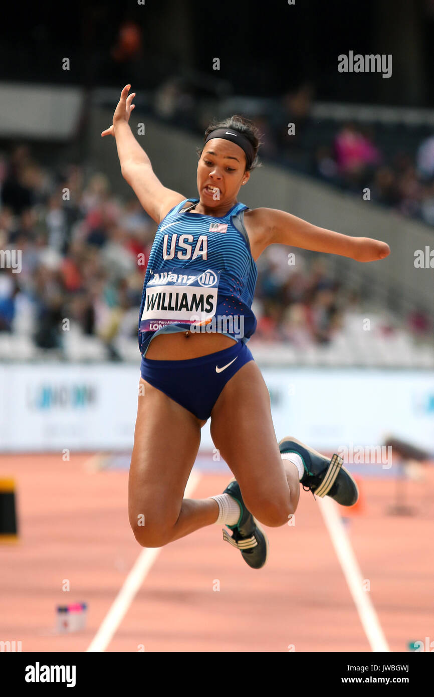 Taleah Williams von den USA springt für Gold im Weitsprung der Frauen T47 Finale auf der Welt Para Meisterschaften in London 2017 Stockfoto