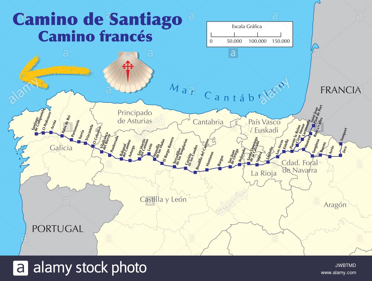 Karte Von Camino De Santiago Karte Von Saint James Weg Mit Allen Stufen Der Franzosische Weg Camino Frances Vector Illustration Stock Vektorgrafik Alamy