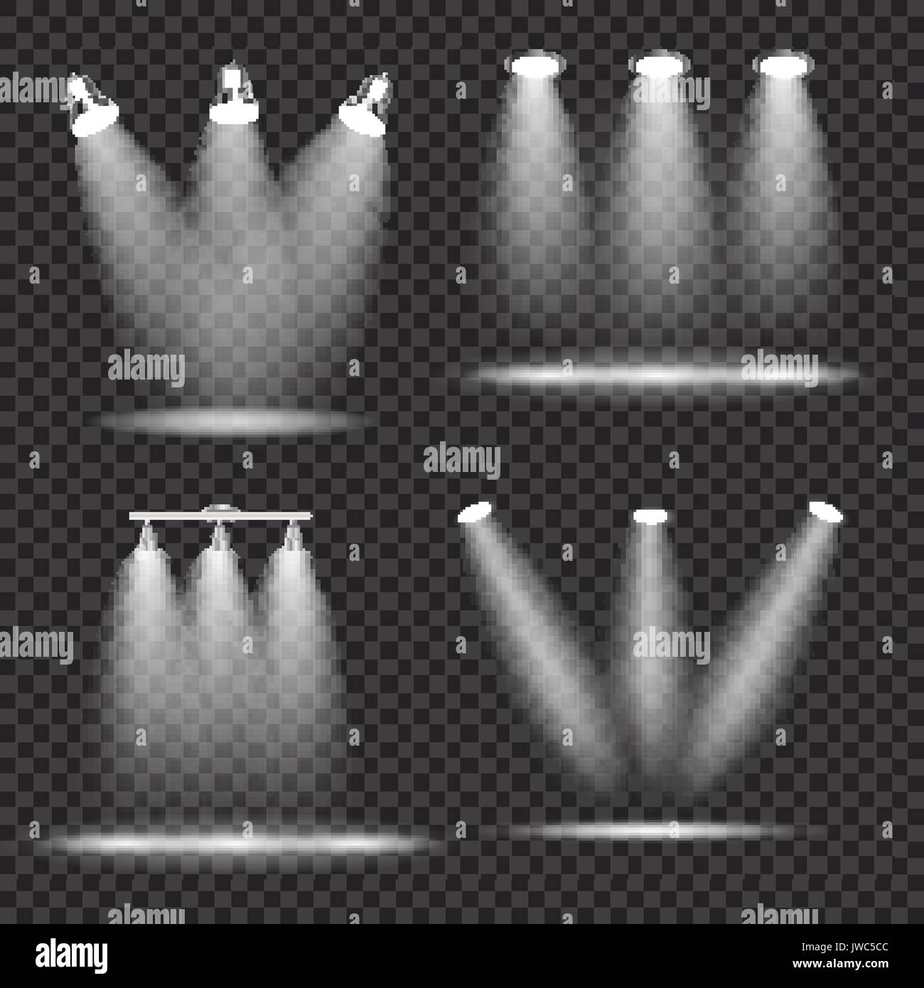 Festlegen von realistischen helle Projektoren Beleuchtung Lampe Kollektion mit Strahlern Lichteffekte mit Transparenz isoliert auf Transparenten Hintergrund. Vector Illustration Stock Vektor