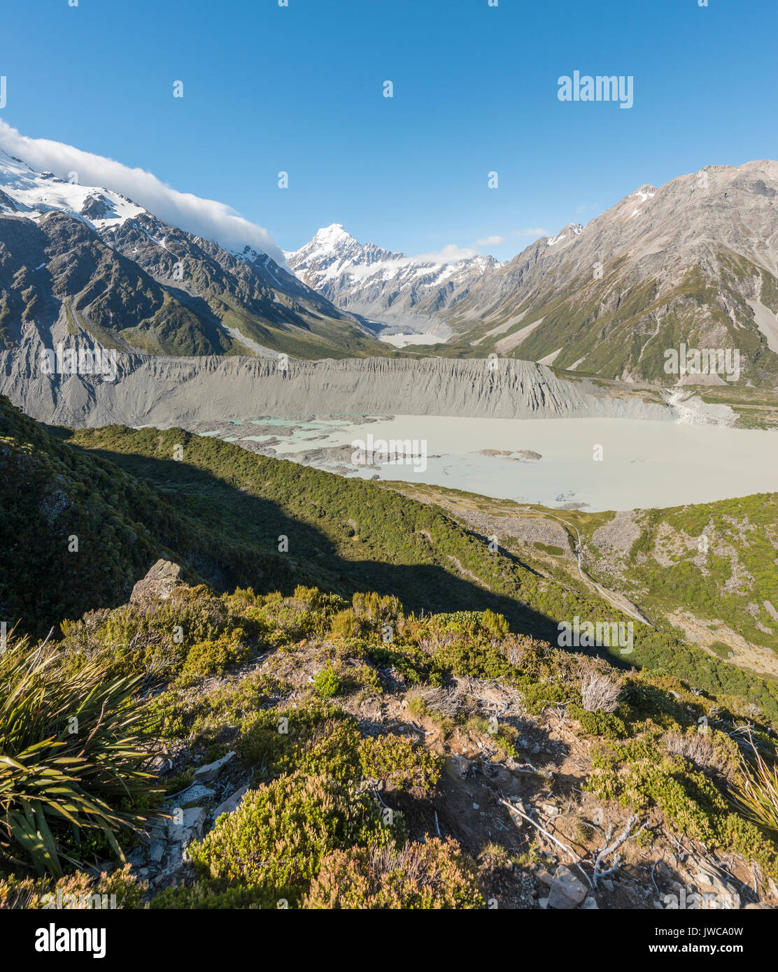 Blick auf Gletscher See Mueller Lake, Mount Cook, Mount Cook Nationalpark, Südliche Alpen, Hooker Valley, Canterbury Stockfoto