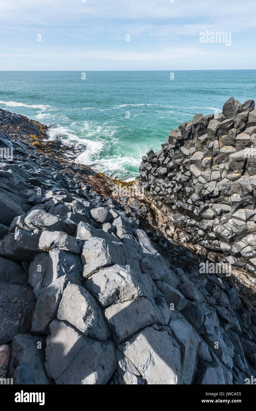 Sechseckige basalt Spalte durch das Meer, Blackhead, Dunedin, Otago, Südinsel, Neuseeland Stockfoto