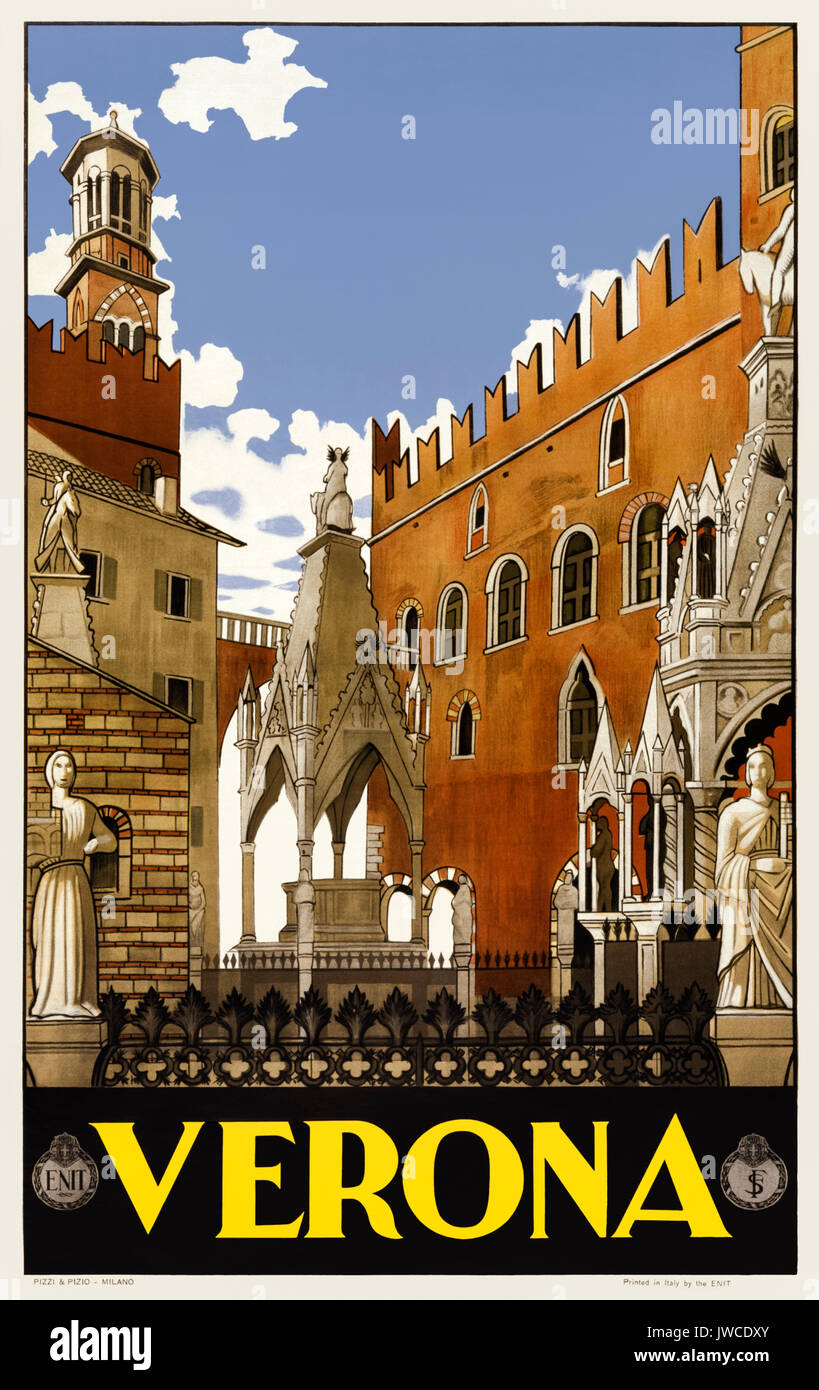 'Verona' 1930er Jahre Tourismus Poster mit der Stadt, die Basilika von Ferrovie dello Stato (FS-Italienischen Staatsbahnen) und ENIT (Agenzia Nazionale del Turismo - Italienische Tourist Board veröffentlicht). Stockfoto