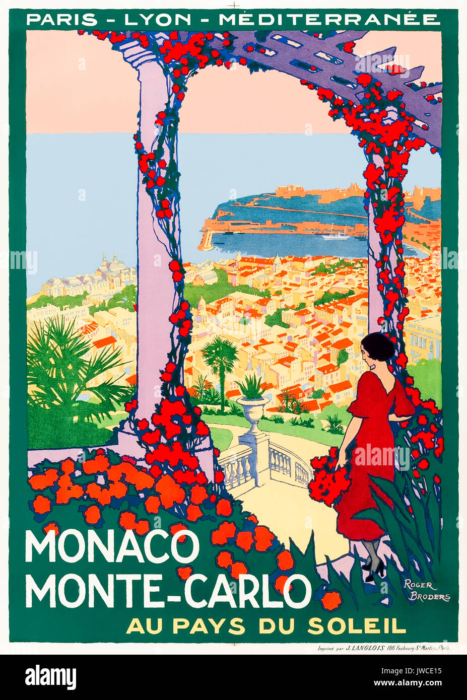 'Monaco Monte-Carlo au Pays du soleil' 1922 Tourismus Poster, die Aussicht von Jardin Exotique de Monaco auf den Hafen. Artwork von Roger Broders (1883-1953) für Paris Lyon Mediteranée Unternehmen (PLM) Eisenbahn. Stockfoto