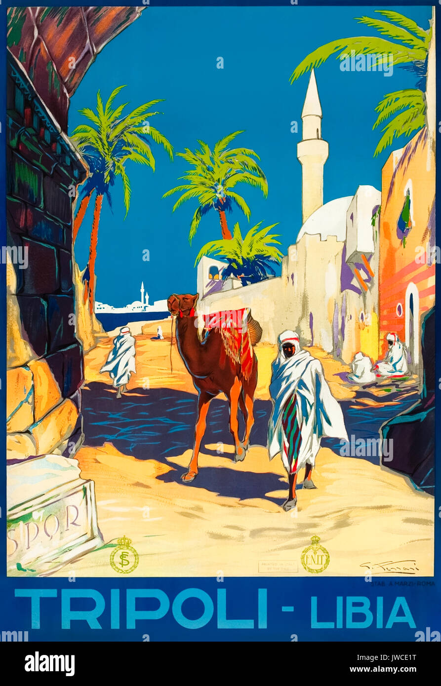 "Tripolis Libyen' 1936 Tourismus Poster mit Einheimischen und ein Kamel vorbei unter einen Bogen in der Nähe des Dragut Moschee. Durch G. Ferrari für die Ferrovie dello Stato (FS-Italienischen Staatsbahnen) und ENIT (Agenzia Nazionale del Turismo - Italienische Tourist Board Cover). Stockfoto