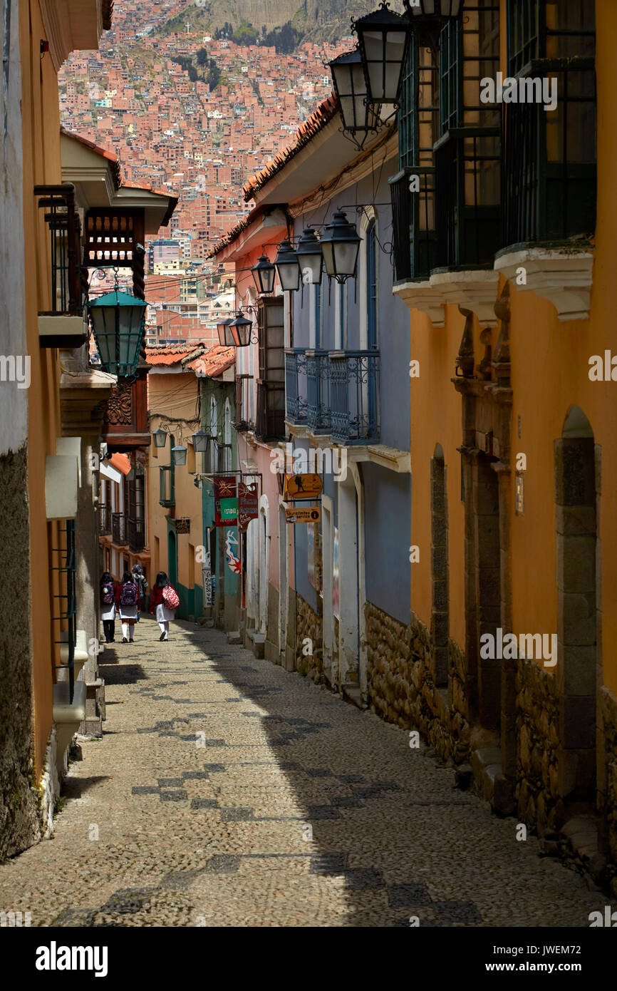 Engen steilen gepflasterten Straße Calle Jaen, La Paz, Bolivien, Südamerika Stockfoto