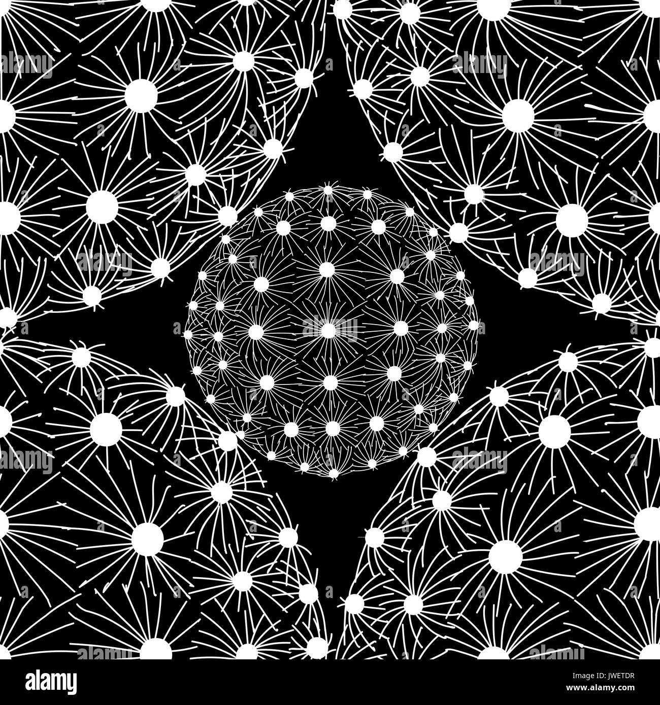 Weißer umriss Sukkulenten auf schwarzem Hintergrund. Der weiße Punkt und Linie in runder Form auf schwarzem Hintergrund. Hand gezeichneten Stil. nahtlose Muster vektor Lllustrat Stock Vektor