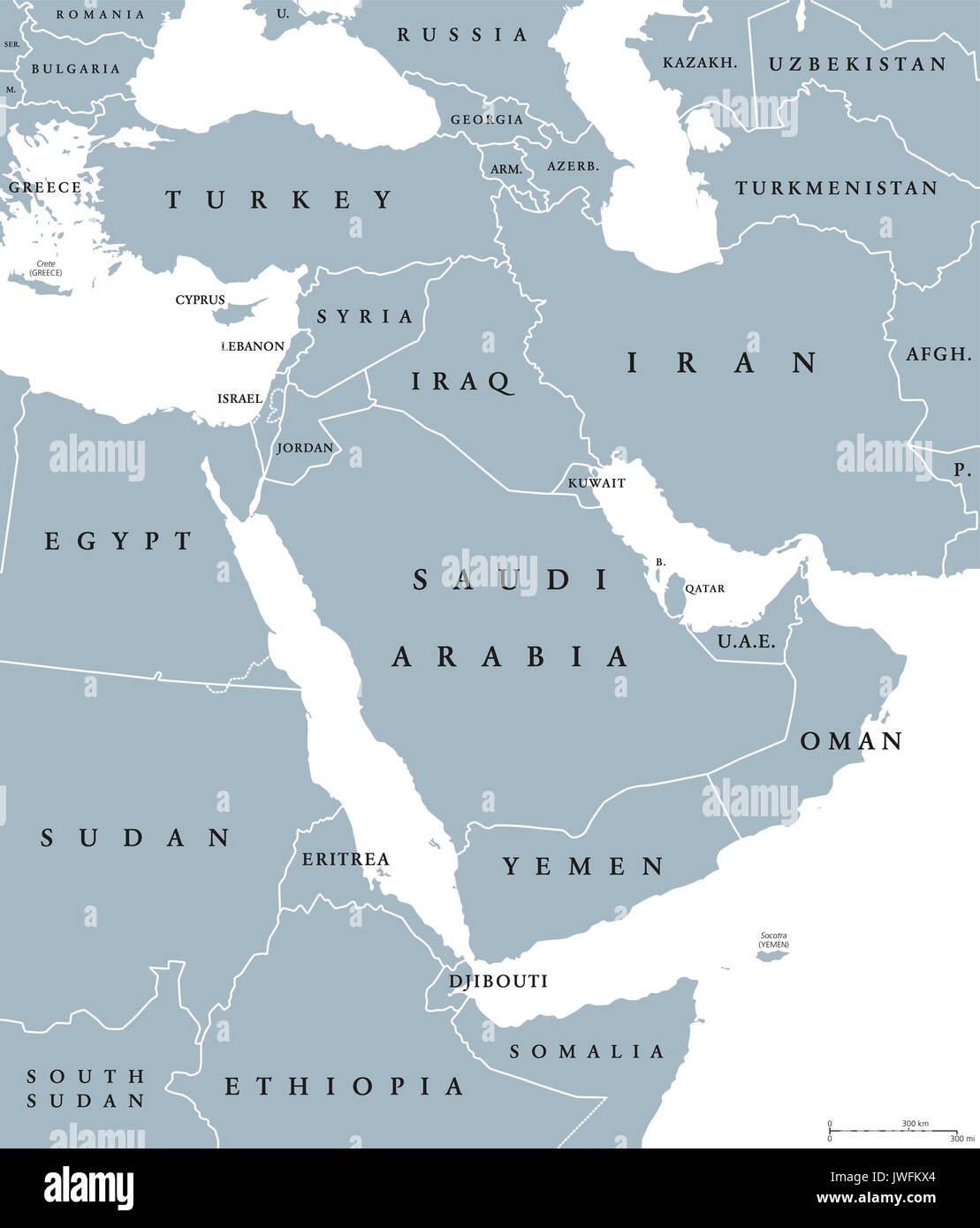 Naher Osten die politische Karte mit Grenzen und englischer Beschriftung. Transkontinentale Region zentriert im westlichen Asien und Ägypten in Nordafrika. In der Nähe von Osten. Stockfoto