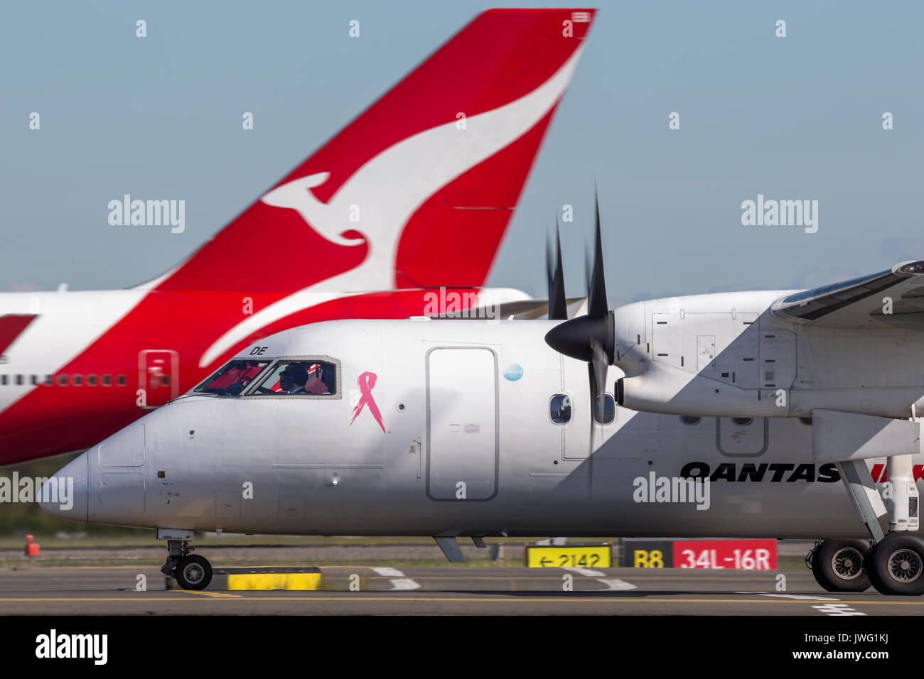 QantasLink Dash Bayerische Flugzeugwerke Bf DHC-8 (8) Twin engined regional Airliner am Flughafen Sydney. Stockfoto