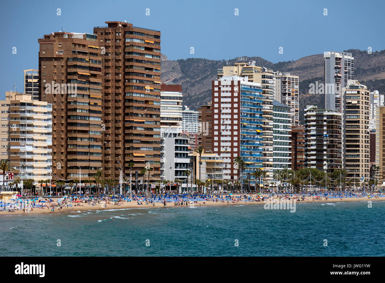 Benidorm - Spanien. Eine Stadt am Mittelmeer in der Provinz Alicante an der Costa Blanca in Spanien. Stockfoto