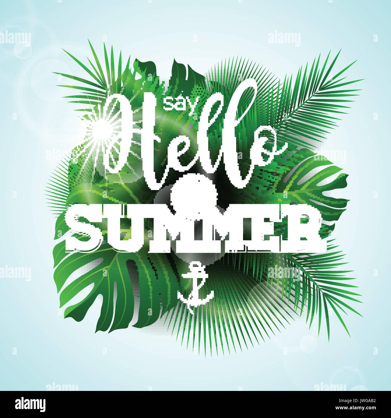 Vector Hallo sagen typografische Abbildung Sommer mit tropischen Pflanzen auf hellblauem Hintergrund. Eps 10 Design. Stock Vektor