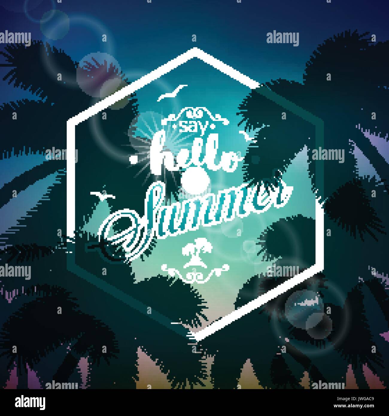 Vector Hallo sagen typografische Abbildung Sommer mit tropischen Pflanzen und Sonnenlicht auf einem Palm Hintergrund. Eps 10 Design. Stock Vektor