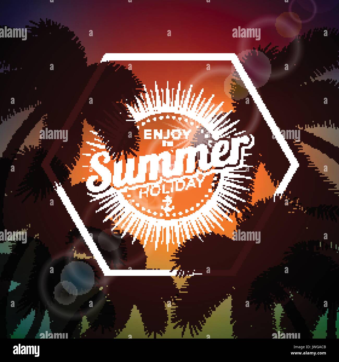 Vector Hallo sagen typografische Abbildung Sommer mit tropischen Pflanzen und Sonnenlicht auf einem Palm Hintergrund. Eps 10 Design. Stock Vektor