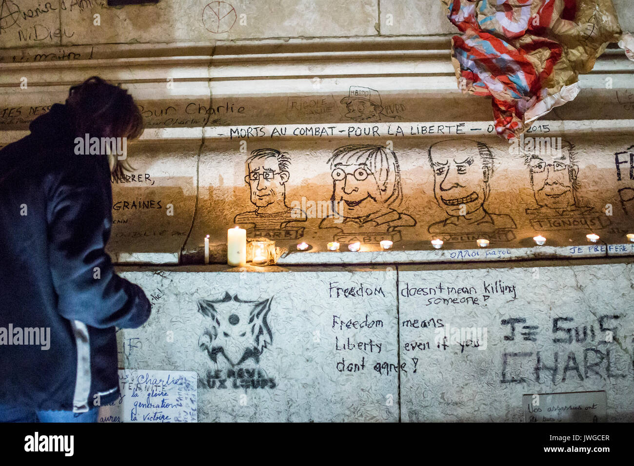 4 Portraits Zeichnungen von cabu charb, tignous wolinski. Hommage an die Opfer von Charlie Hebdo Tötung in Paris der 7. Januar 2015. Stockfoto