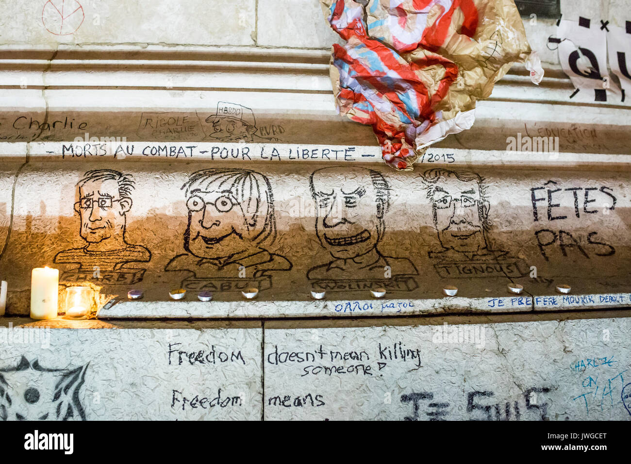 4 Portraits Zeichnungen von cabu charb, tignous wolinski. Hommage an die Opfer von Charlie Hebdo Tötung in Paris der 7. Januar 2015. Stockfoto