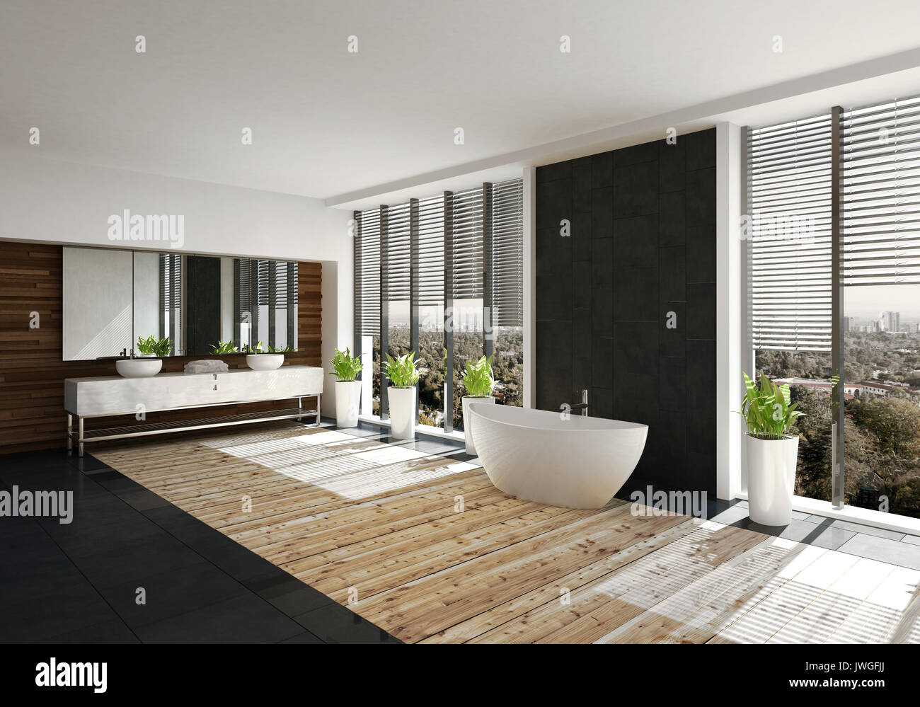 Modernes Badezimmer mit schwarzen Wand und Boot geformte Wanne durch ... Modernes Badezimmer mit schwarzen Wand und Boot geformte Wanne durch ...
