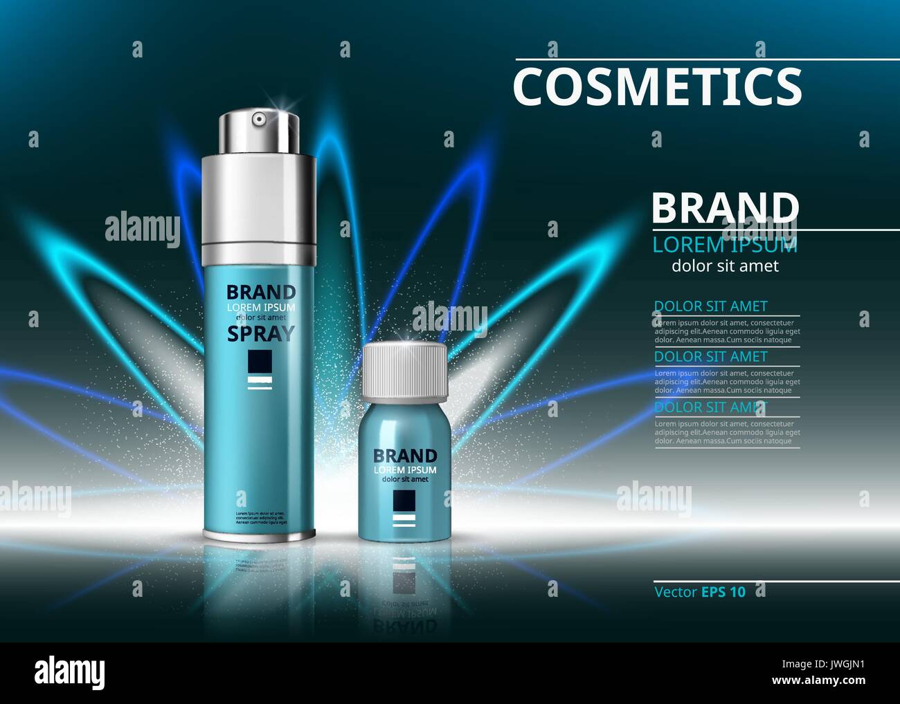 Kosmetische realistische anzeigen Vorlage. Hydrating face Serum und spray Produkte Flaschen. Mockup 3D-Abbildung. Sekt Hintergrund Stock Vektor