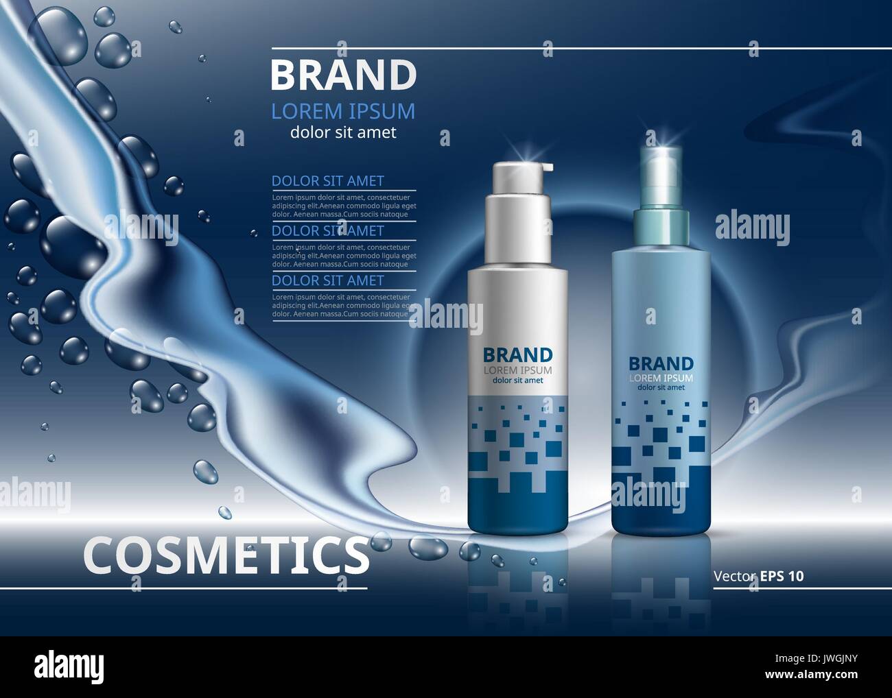 Kosmetische anzeigen Vorlage. Skin Care Gel oder Mousse Flaschen. Mockup 3D realistische Abbildung. Glitzernde Wassertropfen Hintergründe Stock Vektor