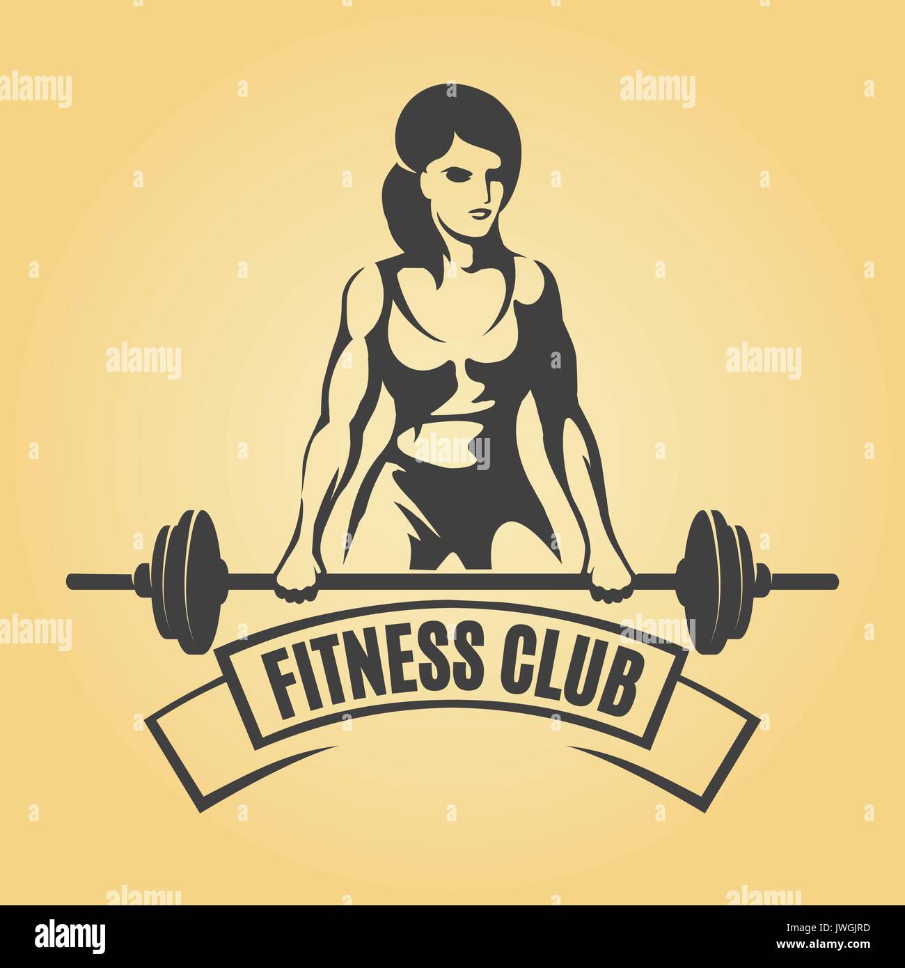Bodybuilding oder Fitness Retro Emblem. Athletische Frau Holding Barbell. Vector Illustration Stock Vektor
