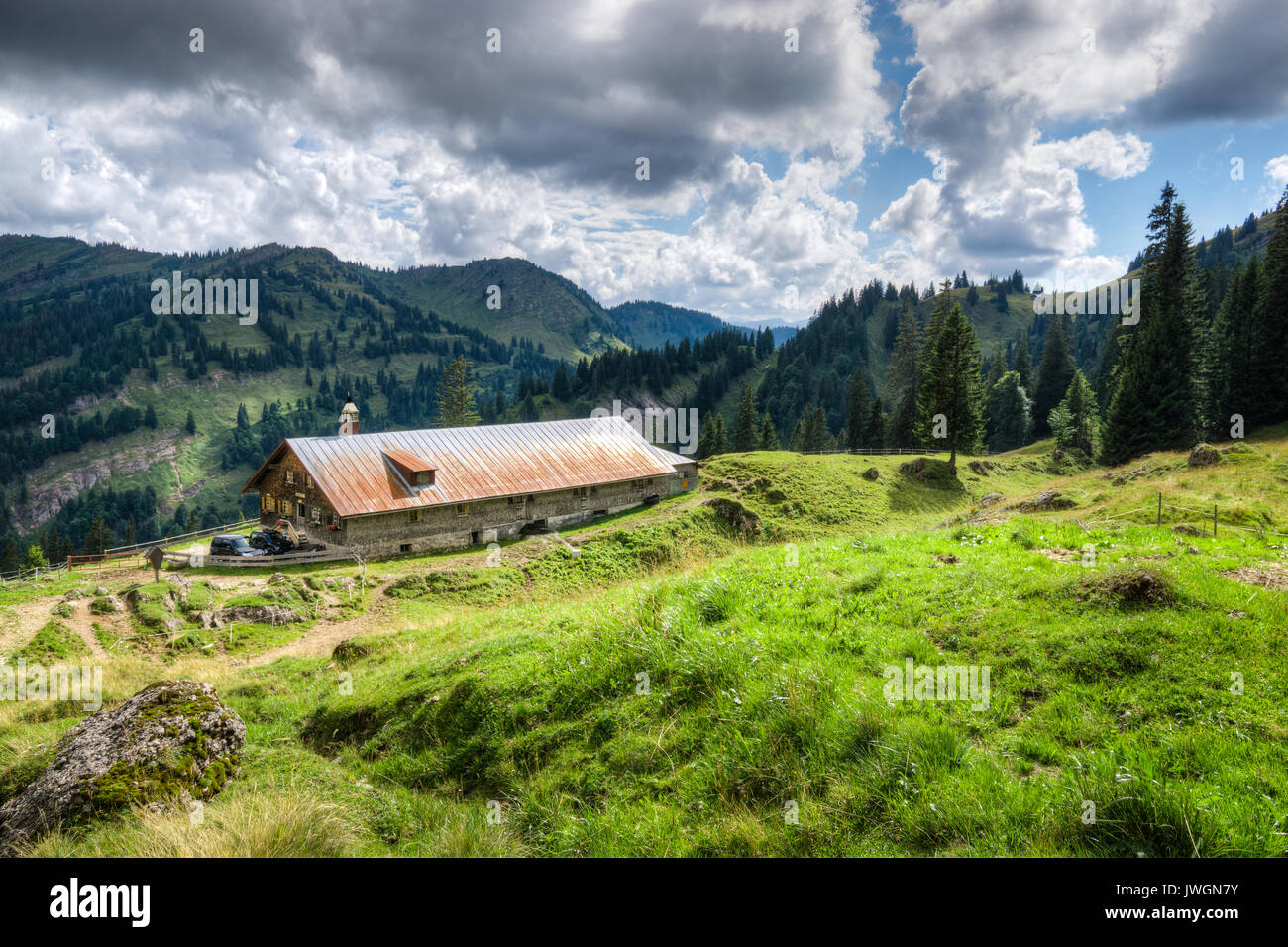 Alte Almhütte mit Wiese in den Alpen. Bayern, Allgäu, Deutschland. traditionelle Landwirtschaft in den Bergen. Stockfoto