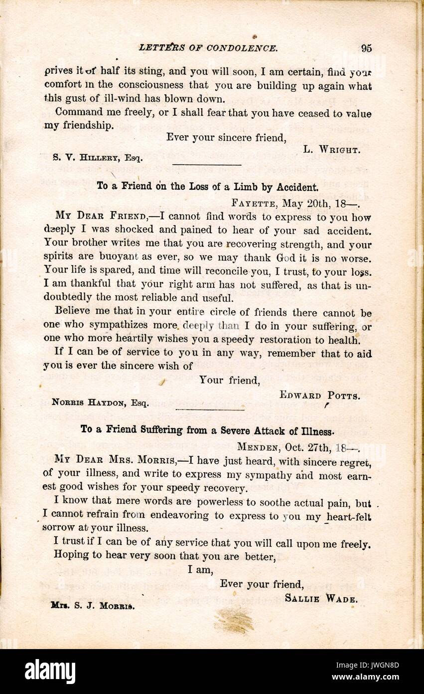 Buchstaben des Mitgefühls, Auszug aus einer Etikette buchen Sie die Probe kondolenzschreiben Buchstaben für Verletzungen durch Freunde, 1893 erlitten. Stockfoto