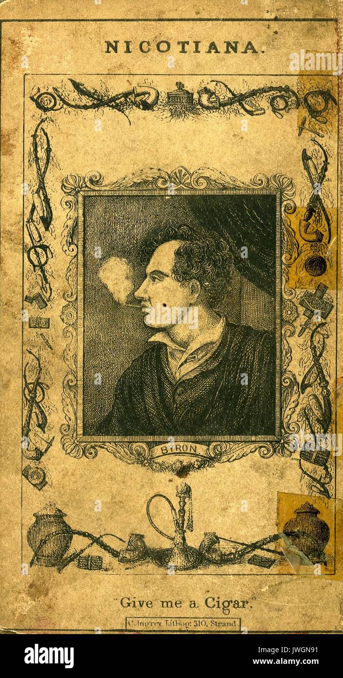 Nicotiana, Gravur von einem Mann mit einer missmutig Gesichtsausdruck und eine Warze bläst eine Wolke von Rauch, mit dem Untertitel geben mir eine Zigarre, 1893. Stockfoto