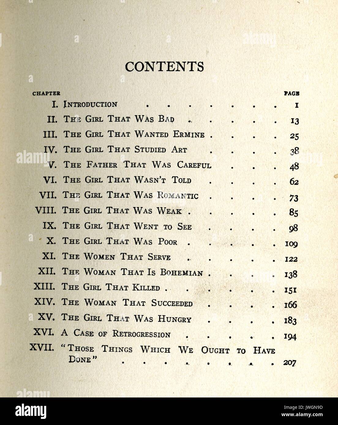 Inhaltsverzeichnis Übersicht Geschichten in das Mädchen, der falsch geht, von Reginald Wright Kauffman, einem frühen Buch über Prostitution und Menschenhandel in New York City, 1911. Stockfoto