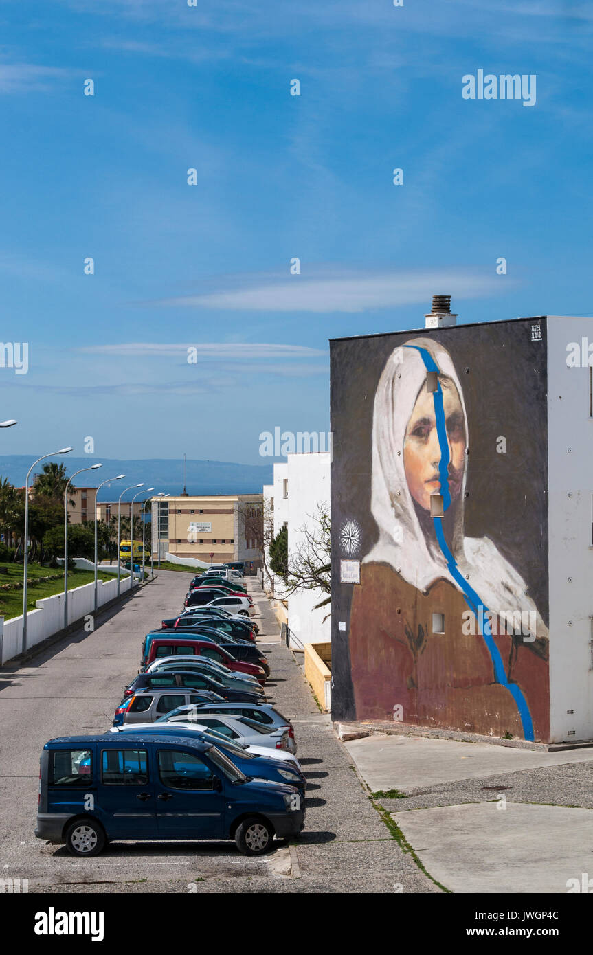 Murales auf die Paläste der neuen Stadt Tarifa, alten Stadt als griechische und römische Kolonie auf der südlichsten Küste von Spanien gegründet. Stockfoto