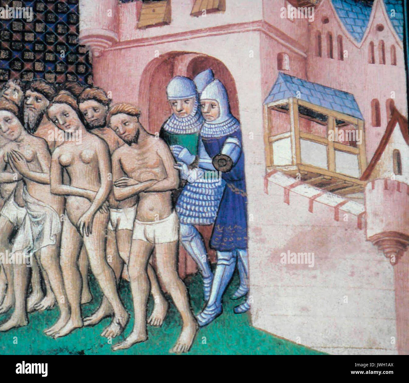 Vertreibung der Bewohner von Carcassonne im Jahr 1209. Bild von Grandes Chroniques De France übernommen. Vertreibung der Katharer, circa 1415. Workshop der Master Boucicaut Stockfoto