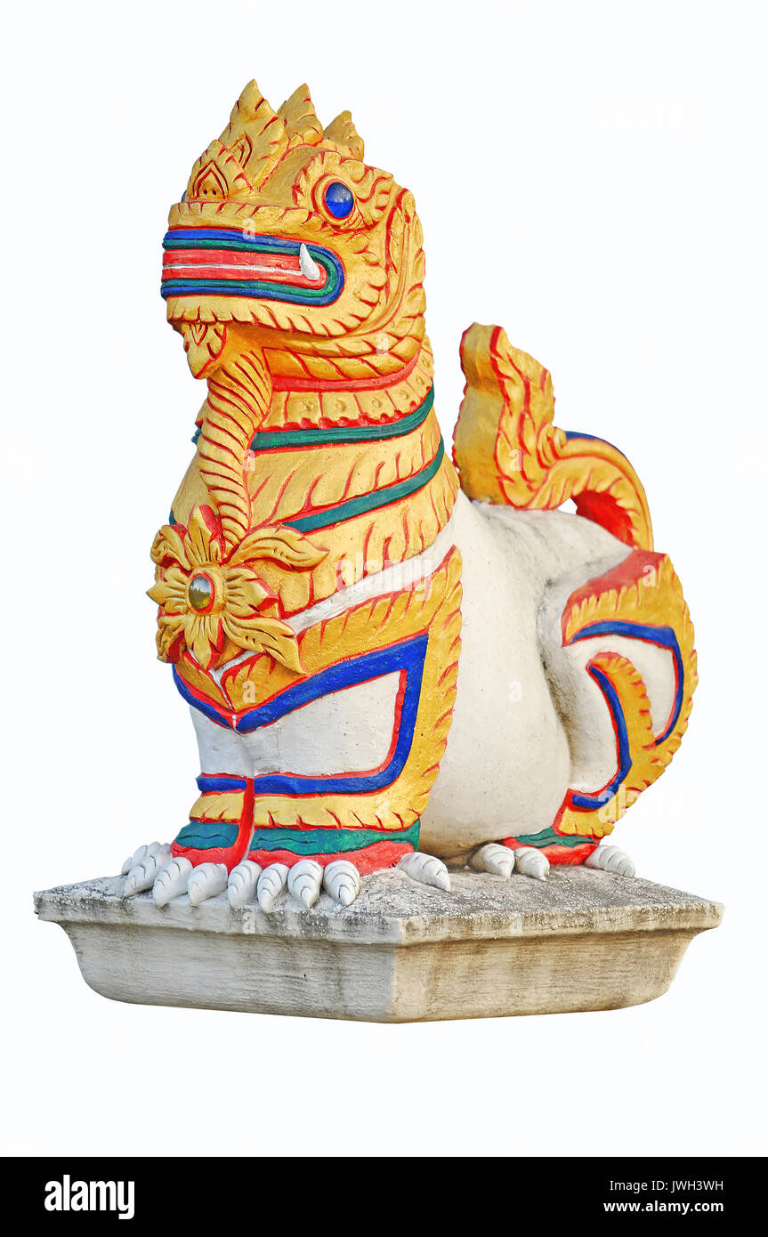 Buddhistische erwähnt. Zwei singha auf das Tor, das vor dem Tor des Tempels. Es ist eine männliche und eine weibliche Singha singha. Die Auswirkungen der Charter Stockfoto
