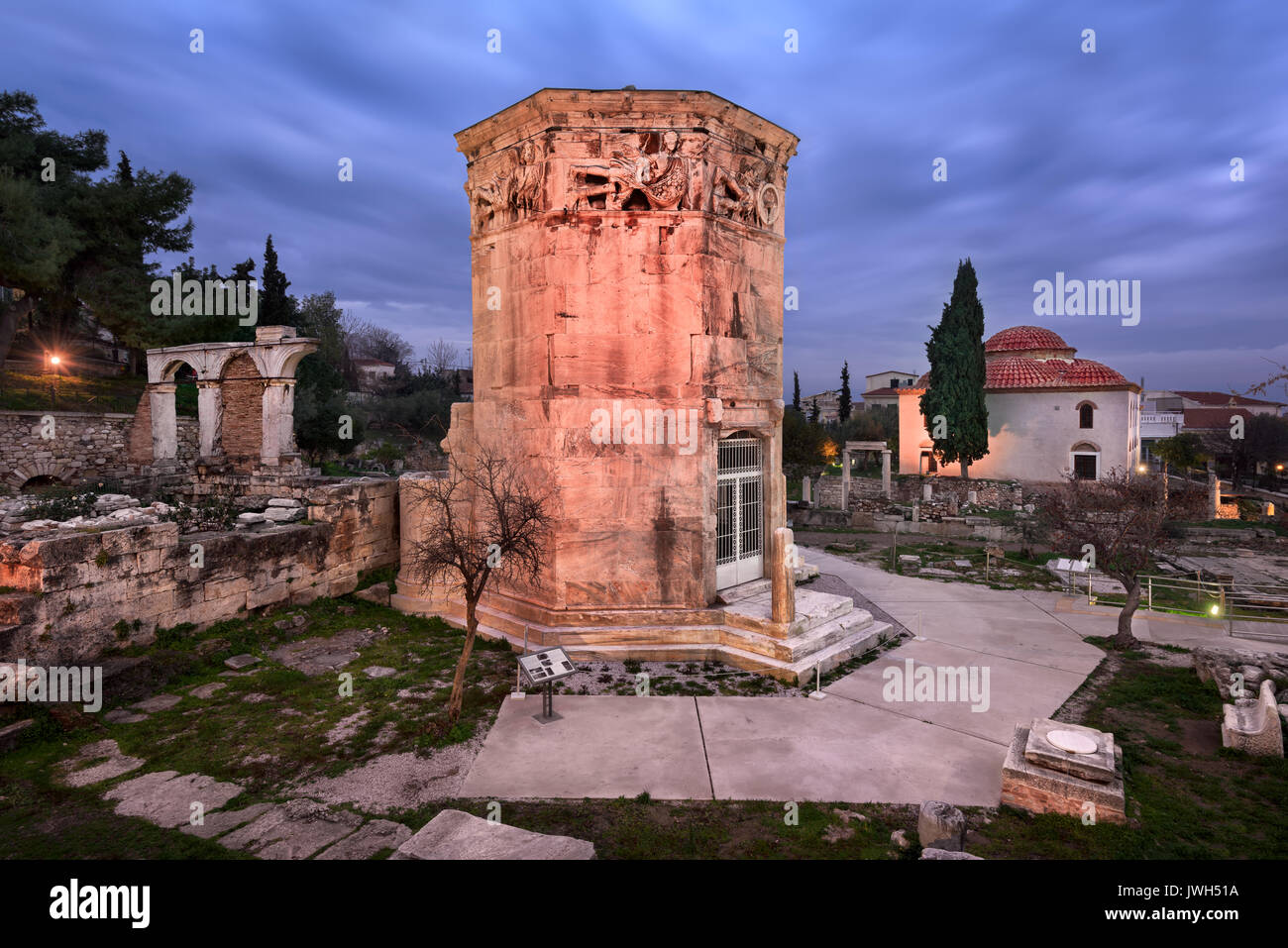 Turm der Winde und Römische Agora am Morgen, Athen, Griechenland Stockfoto