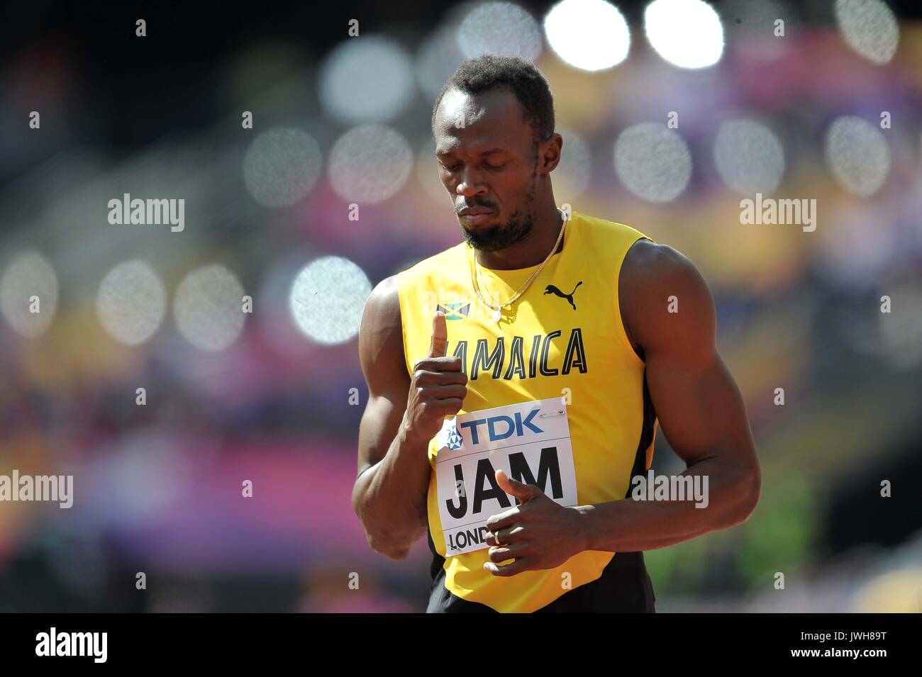 London, Großbritannien. 12 Aug, 2017. Usain Bolt (JAM) in der mens 4 x 100 m Staffel. IAAF Leichtathletik WM. London Olympiastadion. Queen Elizabeth Olympic Park. Stratford. London. UK. 12.08.2017. Credit: Sport in Bildern/Alamy leben Nachrichten Stockfoto