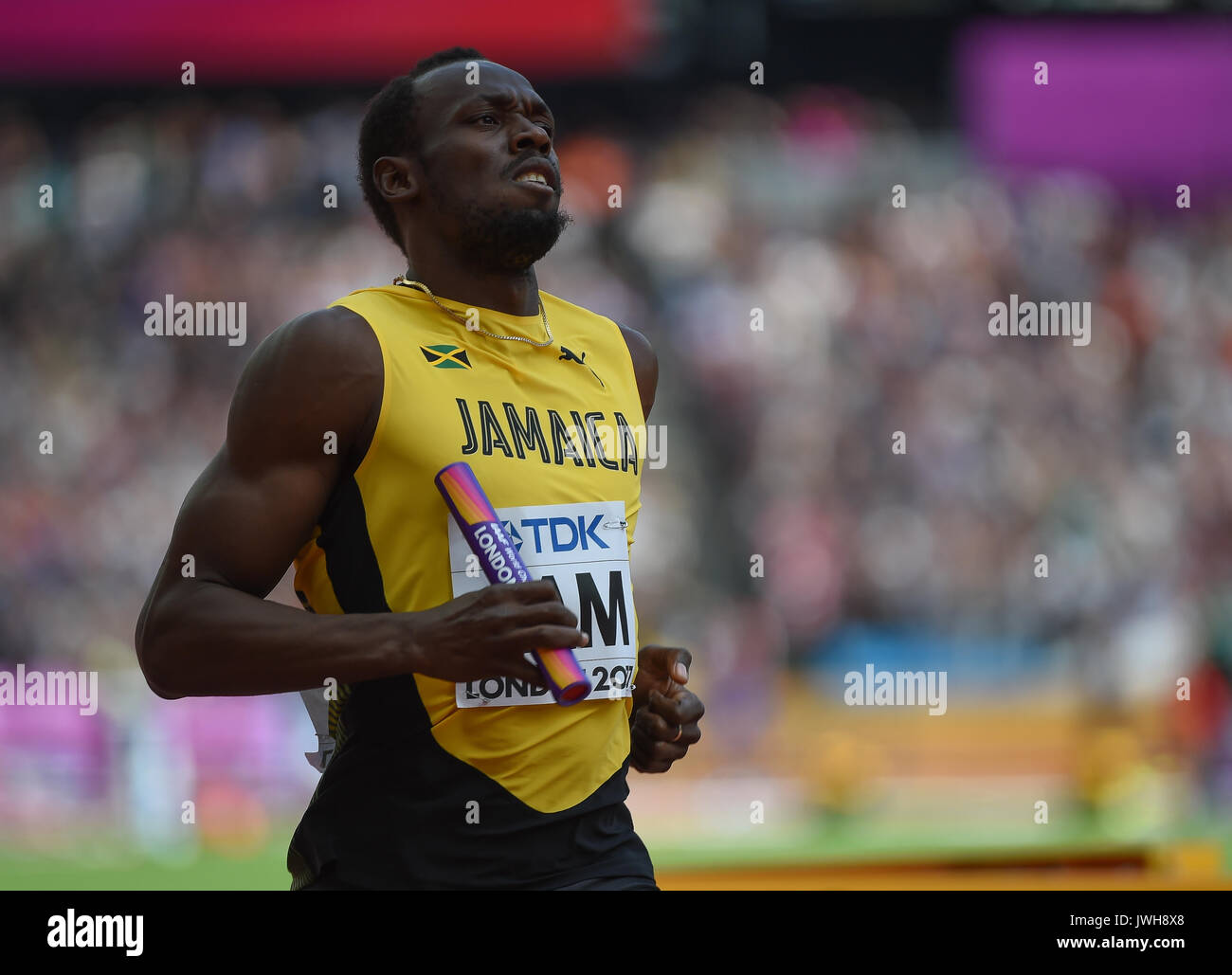 London, Großbritannien. 12 Aug, 2017. Usain Bolt bei der 4 mal 100 Meter Relais Wärme in London 2017 IAAF Weltmeisterschaften in der Leichtathletik. Credit: Ulrik Pedersen/Alamy leben Nachrichten Stockfoto