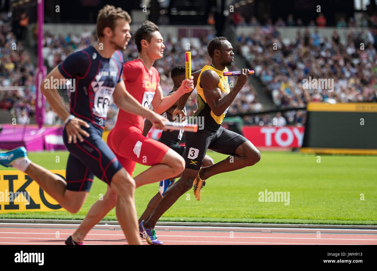 London, Großbritannien. 12 Aug, 2017. Usain Bolt aus Jamaika läuft die letzte Etappe der 4 x 100 m Hitze während der IAAF Leichtathletik WM 2017 am Tag 9 bei den Olympischen Park, London, England am 12. August 2017. Foto von Andy Rowland/PRiME Media Bilder. Credit: Andrew Rowland/Alamy leben Nachrichten Stockfoto