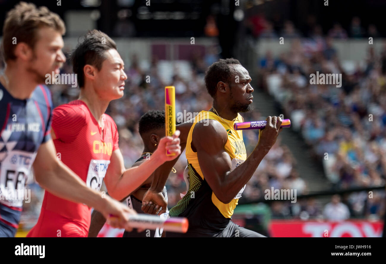 London, Großbritannien. 12 Aug, 2017. Usain Bolt aus Jamaika läuft die letzte Etappe der 4 x 100 m Hitze während der IAAF Leichtathletik WM 2017 am Tag 9 bei den Olympischen Park, London, England am 12. August 2017. Foto von Andy Rowland/PRiME Media Bilder. Credit: Andrew Rowland/Alamy leben Nachrichten Stockfoto